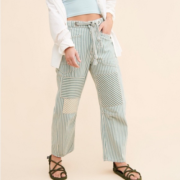 We The Free Pants - 🌿 Free People Moxie Railroad Low-Slung Jeans Green Striped Patchwork Pants
